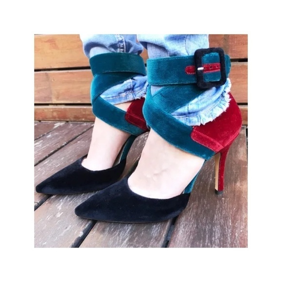 ZARA Teal Burgundy Velvet Ankle Strap Colorblock Heels Size 8 - Picture 9 of 10